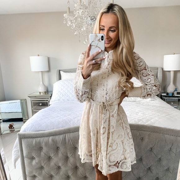 Embroidey Beige Dress Lantern Puff Sleeve Dress - Picture 8 of 16